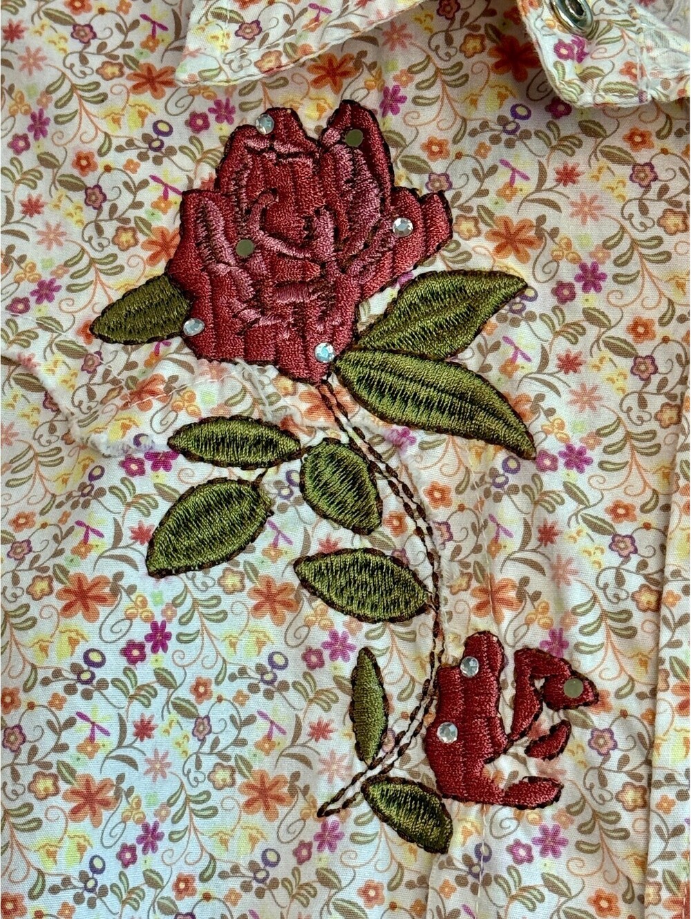 Country Royalty Y2K Floral Rose Embroidered Rhinestone Western Pearl Snap M - Picture 4 of 10